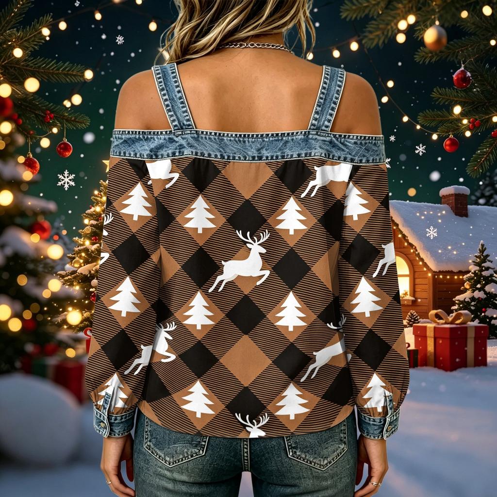 Women's Casual Off-Shoulder Long Sleeve Christmas Print Top for Holiday Parties