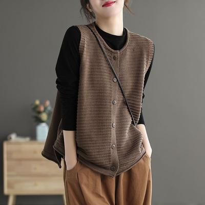 Women's New Stitched Round Neck Button Fashion Solid Color Loose Versatile Casual Knitted Vest Top
