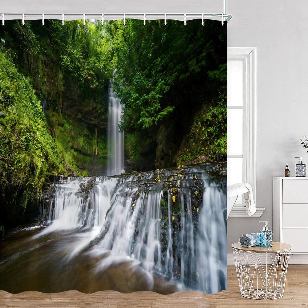 Waterfall Shower Curtains Natural Landscape Green Plants Forest Nature Greenery Home Decor for Bathroom Polyester Bath Curtain