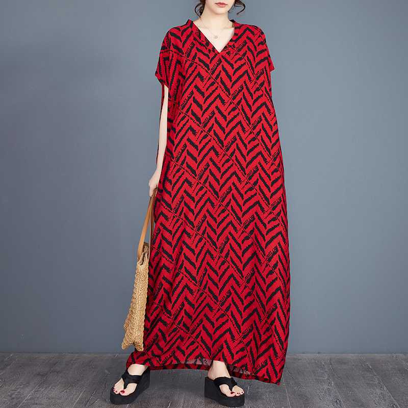 Real Spot Summer New Cotton and Silk Striped Printed Bohemian Robe Dress V-neck Robe Women