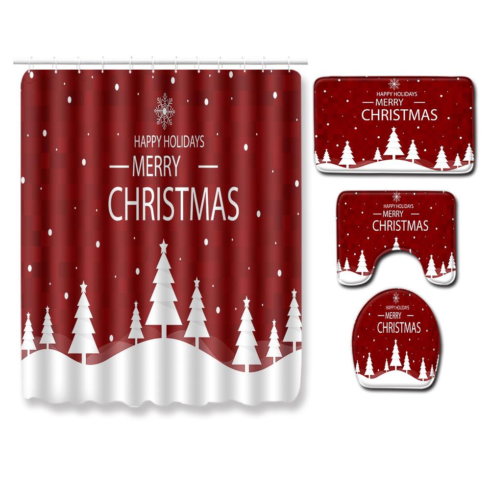 Christmas Shower Curtain Floor Mat Combination Four-Piece Set Bathroom Toilet Non-Slip Carpet Shower Room Absorbent Door Mat