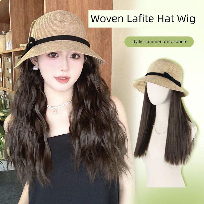 

2024 Tingzi New Hat Wig One-Piece Woven Lafite Hat Summer Sun Protection Fisherman Hat Wig Cover Khaki Hat Wool Roll Light Brown Wig