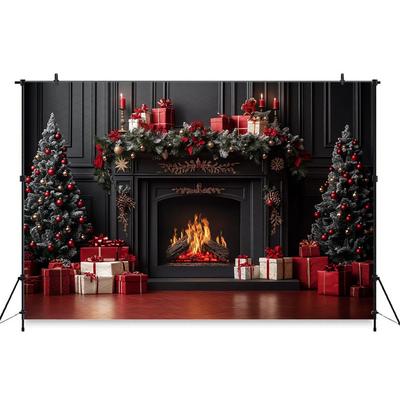 Mocsicka Christmas Backdrop Photography Fireplace Red Flower Gift Xmas Tree Photo Background For Shooting Home Decoration Studio
