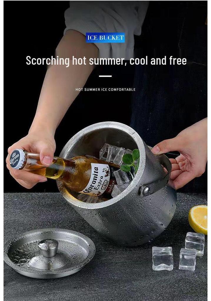 ChuanYue Gold Stainless Steel Double Layer Ice Bucket with Lid and Handle - 304 Internet Famous Beer Chiller