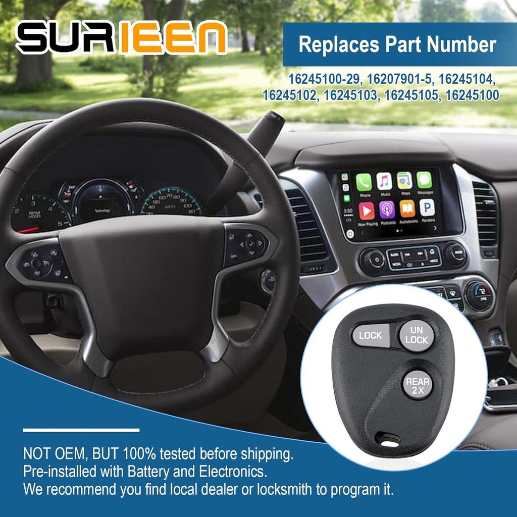 Keyless Entry Remote Control Replacement for Chevrolet Tahoe 1996-2000, Suburban 1997-1999, Yukon 1997-1999, Express 1997-2002, 3 Button Smart Car