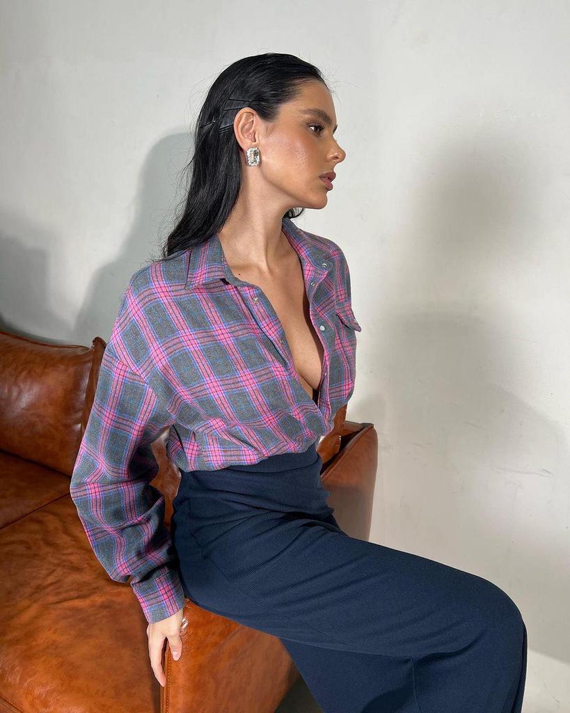 2024 Autumn Women's Retro Plaid Loose Lapel Shirt with Long Sleeves and Pocket