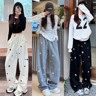 White Wide-leg Pants Sweatpants Autumn and Winter New Printed Star Trousers High Waist Loose Walking Casual Straight Pants