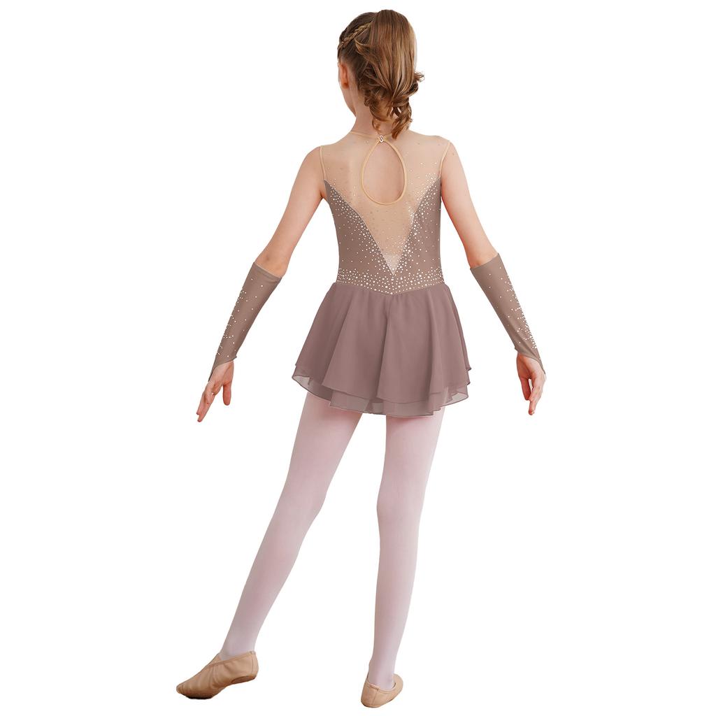 Girls Sparkly Rhinestone Sleeveless Keyhole Back Skating Competition Dress with Gloves Stage Performance Wear