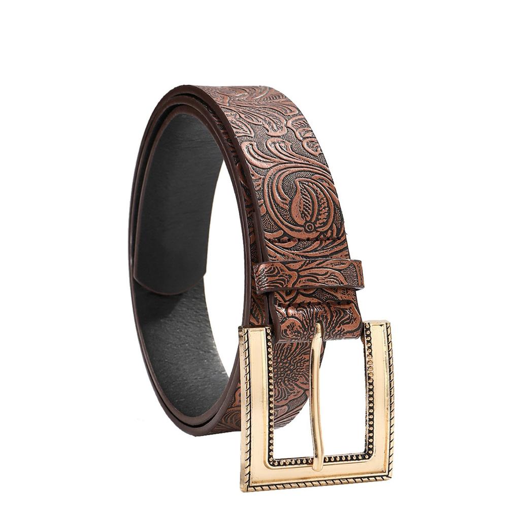 Geschnallter Gürtel mit Schnalle für Jeanshosen, ethnisches geprägtes Muster, Taillengürtel, westliche Stile, PU-Gürtel, Damen, Herren, Taillenriemen