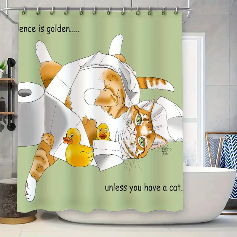 

Очаровательный желтый кот и резиновая уточка занавеска для душа плиточный фартук декор для ванной комнаты доступна опция настраиваемого размера 90x180cm