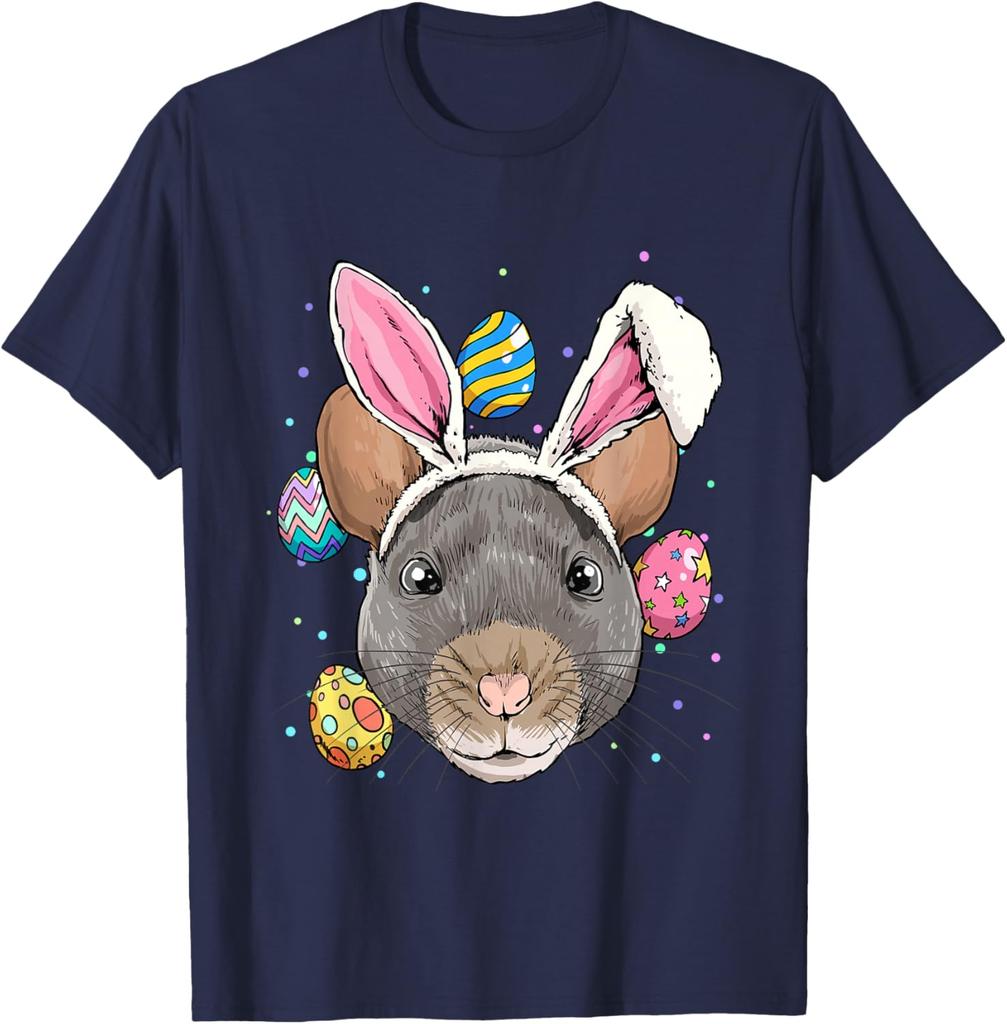 Rat Wearing Bunny Ears Easter Graphic Tee Funny Rodent Lover Casual T-Shirt