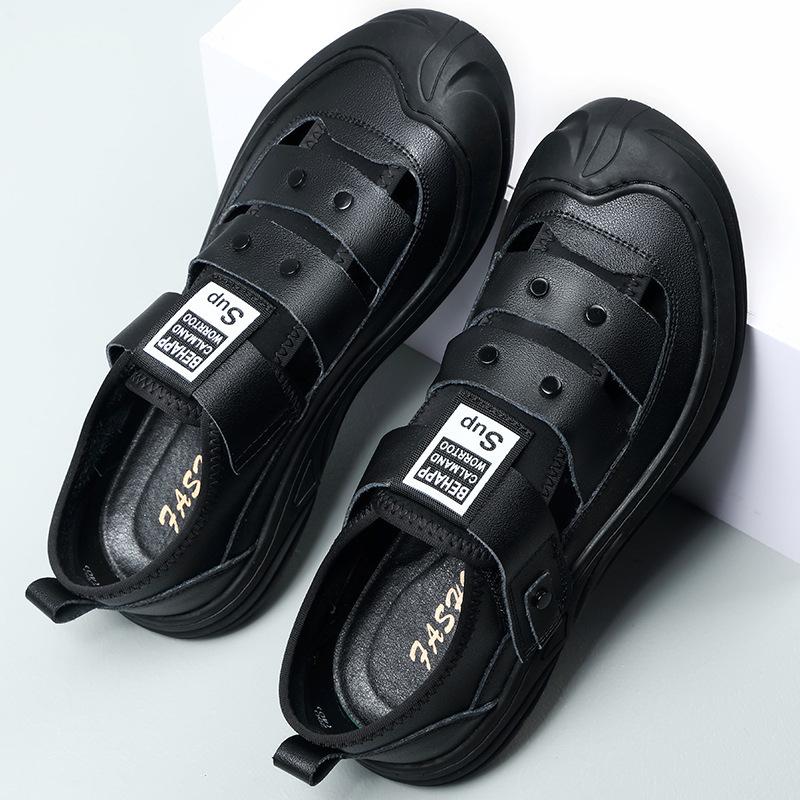 2025 Summer New Men's Hollow Breathable Leather Sandals Men's Soft Leather Soft Sole Casual Leather Shoes White Sandals 8870