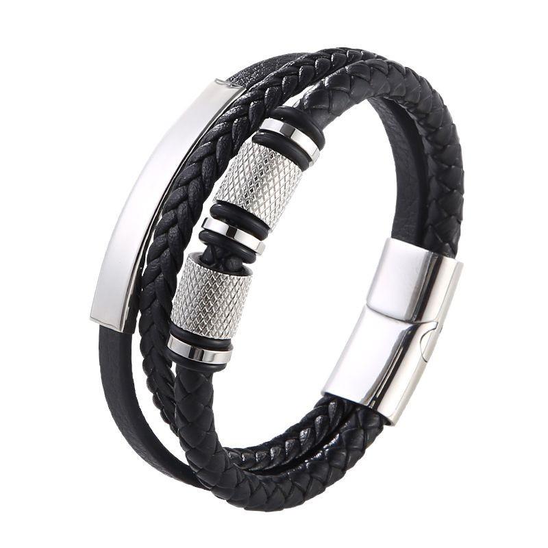 Men's Multi-layer Woven Leather Punk Bracelet with Stainless Steel Hip Hop Accents