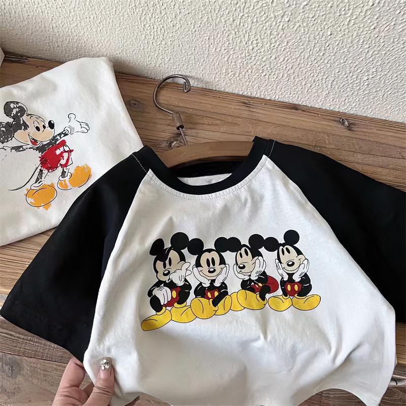 Kids Summer Raglan Sleeve Block Cartoon Print T Shirt Boys Girls Fashionable Short Sleeve Top 80
