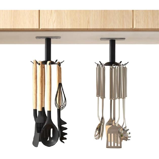 Aosome 2 Pcs Utensil Under Cabinet Holder 360° Rotating Stainless Steel Kitchen Utensil Holder Hangers 8-Hooks 2 Pack