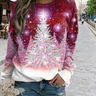 Top per donna, maglietta a maniche lunghe con stampa di albero di Natale, girocollo, casual, sottile, autunnale, top a maniche lunghe da donna