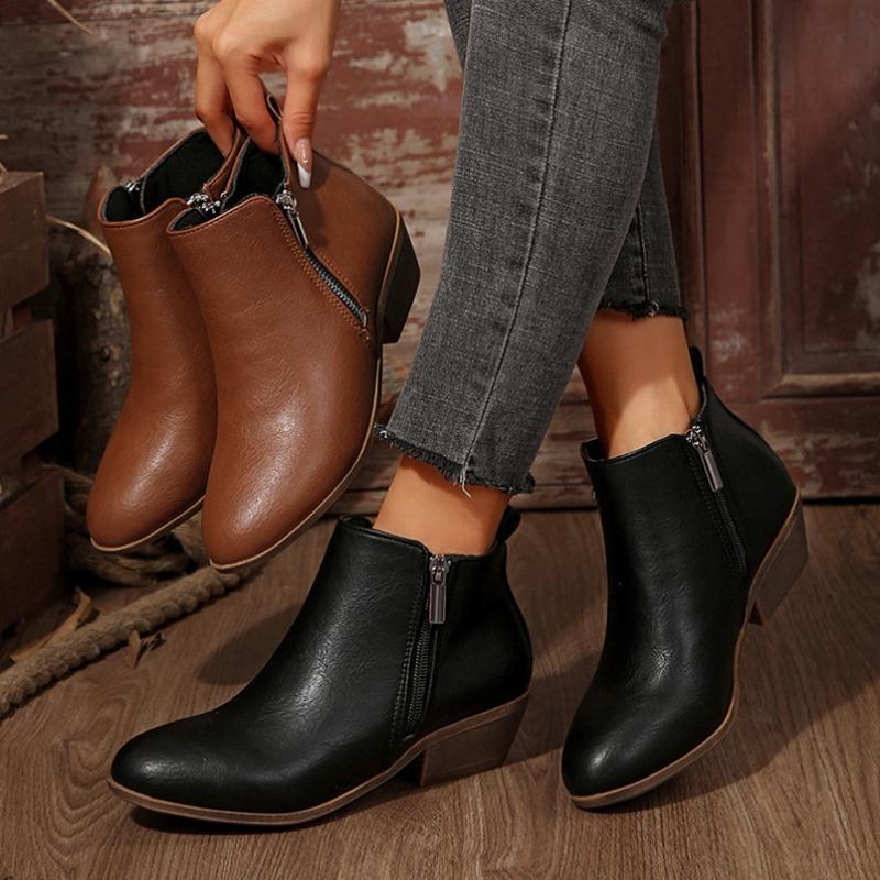 Bocanci Martin pentru Femei cu Vârf Ascuțit, Aspect Uzat, Cizme din Piele cu Toc Gros și Fermoar Lateral, Mărimi Mari, Pantofi de Toamnă-Iarnă