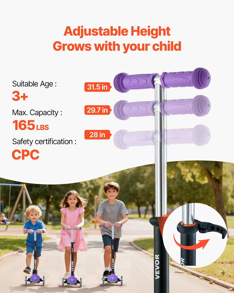 VEVOR Kick Scooter for Kids Ages 3+, 3-Wheel Toddler Scooter with Light-Up Wheels, Adjustable Height Handlebar, Wide Anti-Slip Deck