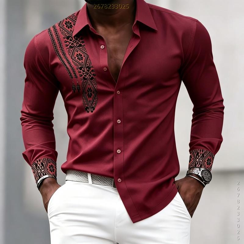 Men's High-quality Personalized Geometric Printed Long Sleeved Shirt with White Collar Shirt, Trendy Casual Men's Clothing
