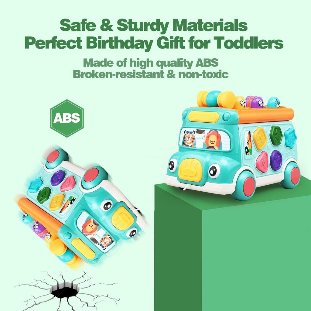 Autobuz Muzical cu Activități Jucărie pentru Bebeluși cu Sunet și Lumină Sortator de Forme Jucării Whack-a-Mole Joc Interactiv Autobuz Școlar Desen Animat pentru Copii