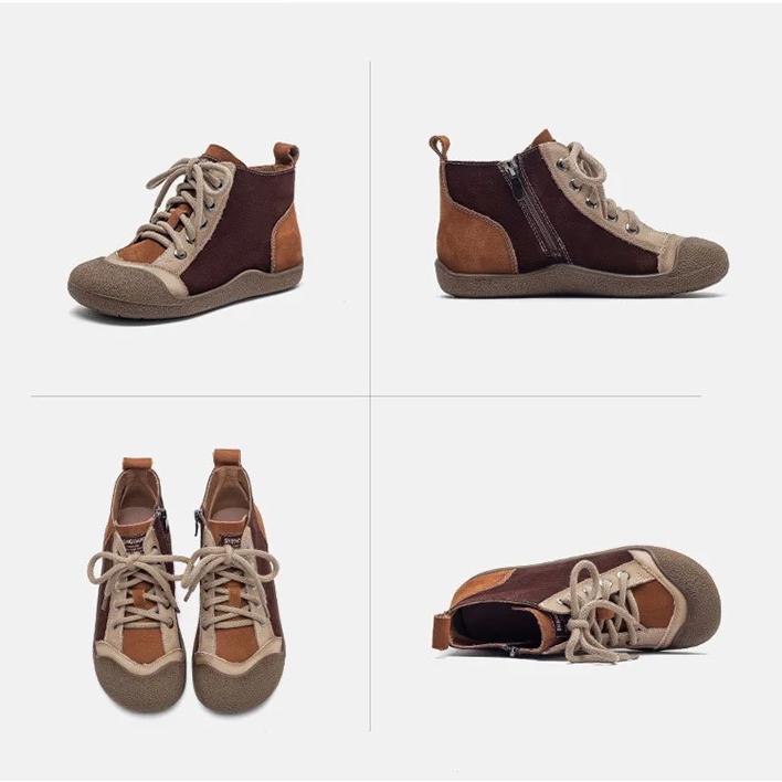 Johnature Mixed Color Genuine Leather Lightweight Comfortable Ankle Boots Retro Versatile Warm Women's Shoes