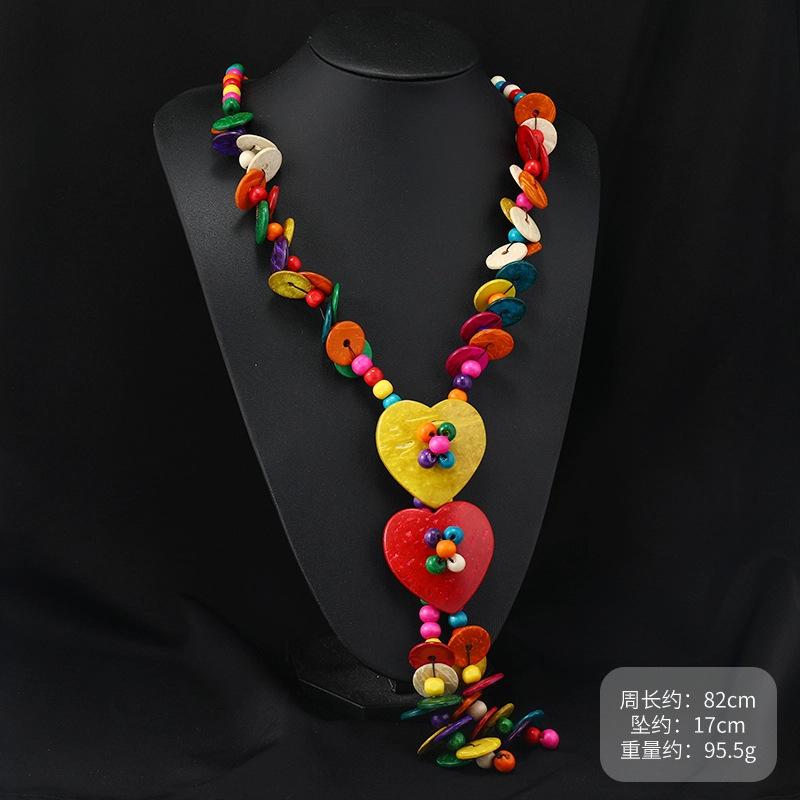 Bohemian Colored Coconut Shell Necklace Holiday Style Long Wooden Handmade Sweater Chain Women's Accessories