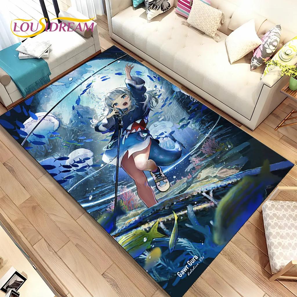 Gawr Gura Hololive Niedlicher Anime-Teppich, groß, Teppich für Wohnzimmer, Schlafzimmer, Sofa, Fußmatte, Dekoration, rutschfeste Bodenmatte für Kinder
