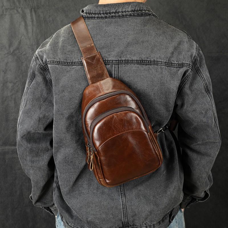 Men s Outdoor Sports Crossbody Bag Retro Top Layer Cowhide Chest Multifunctional Genuine Leather Waist кофейный
