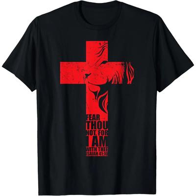 Christian Gifts Men Lion Religious Cross Fear Verse Sayings T-Shirt