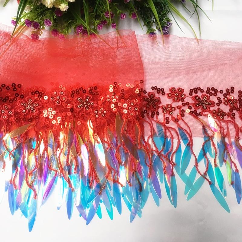 1 Yard Sequins Lace Sewing Garments Accessories DIY Fringe Mesh Tassel Embroidered Ribbon Sewing Craft for Dance Party