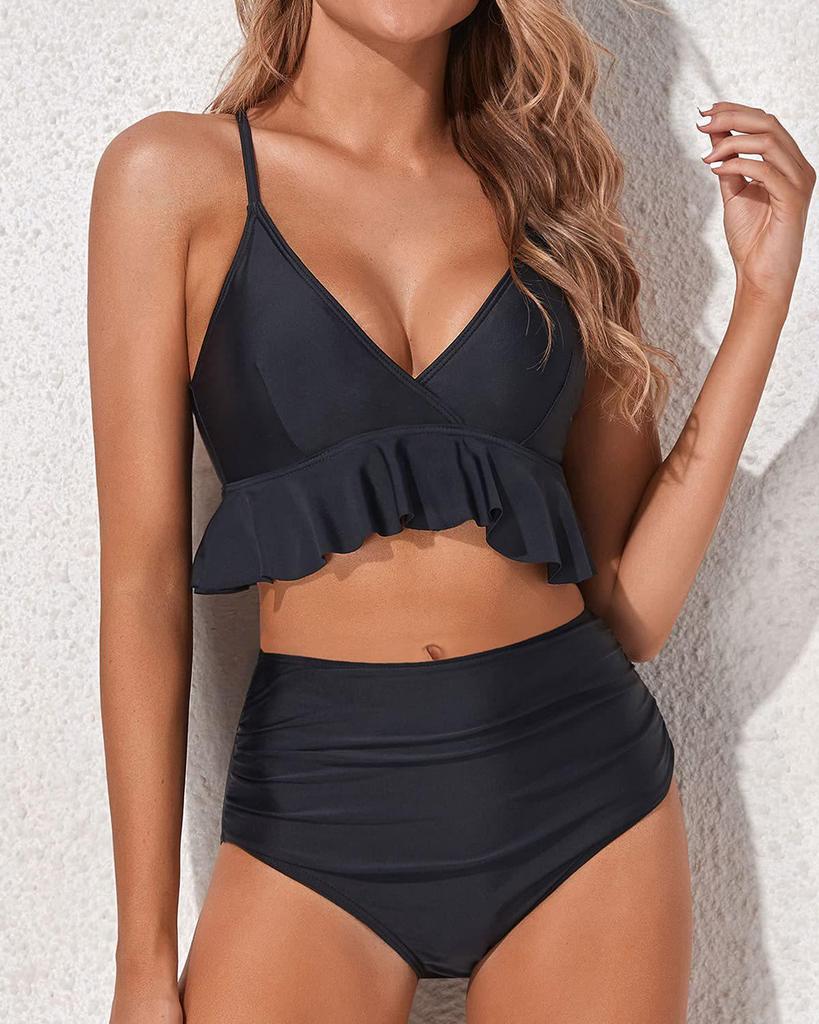 Einfarbiger gerüschter High-Waist Zweiteiler Badeanzug - 2025 Neuer Stil Bikini Bademode