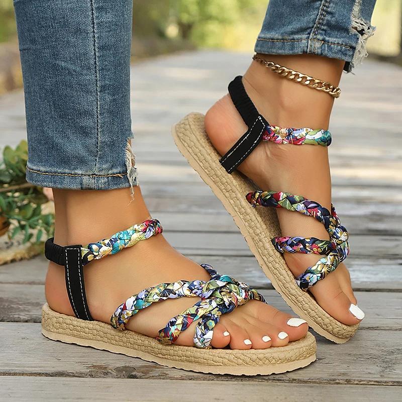 Fashion Women's Fashion Printed Woven Band Flat Sandals Bohemian Style Summer Beach Sandals for Women Lightweight Comfort Roman Shoes