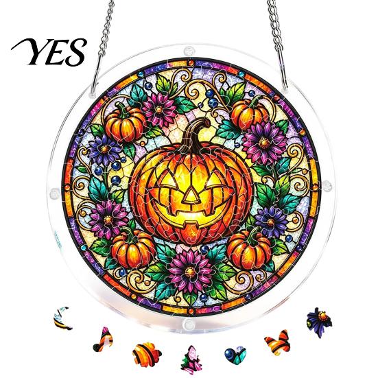 Transparent Stained Glass Halloween Acrylic Puzzle Decor, 2D Ghost Pumpkin Skeleton Hanging Sign, Faux Holiday Spooky Decorations for Party