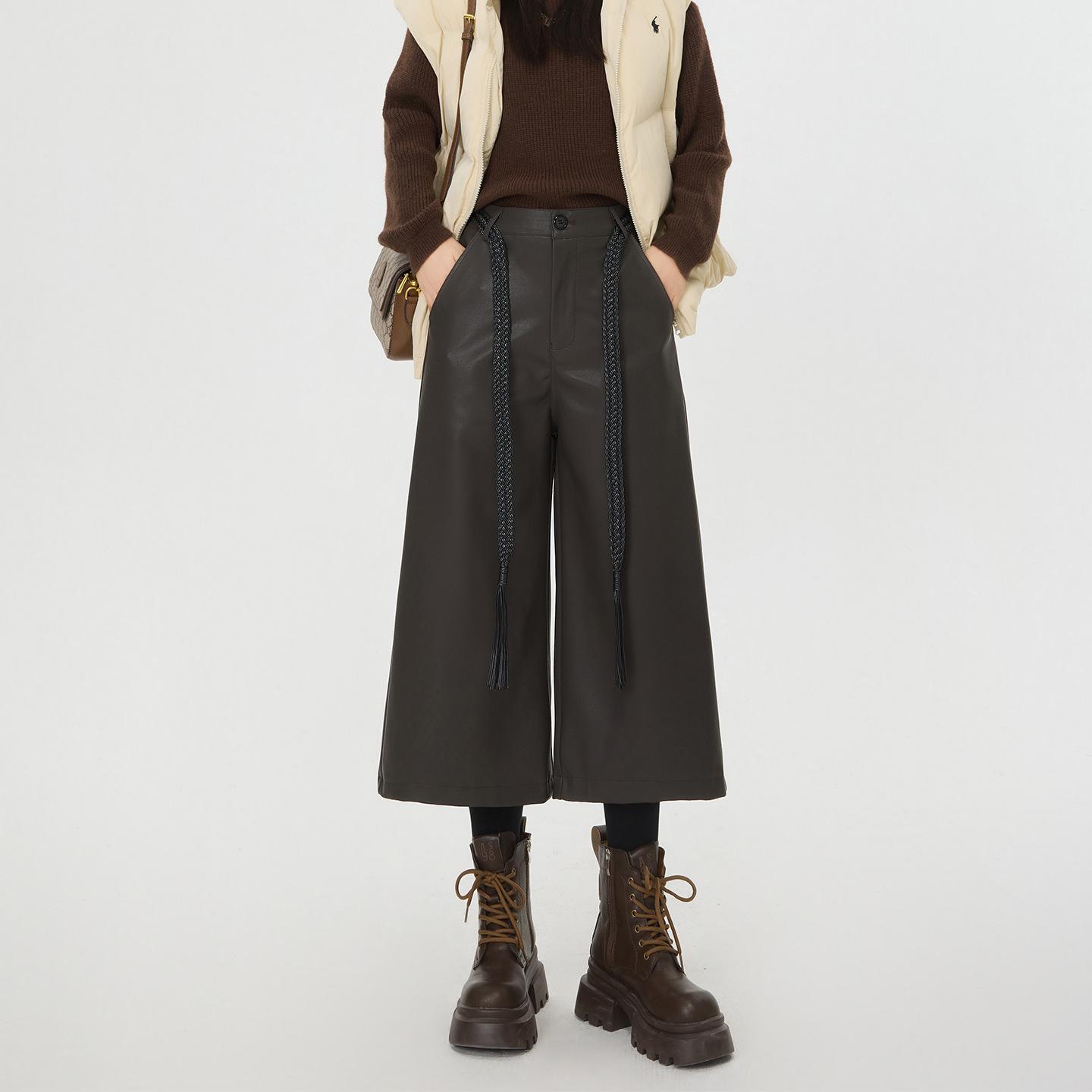 

Slightly Chubby Women s Coffee PU Leather Loose Fit Wide-Leg Pants - Spring/Autumn Petite Style S