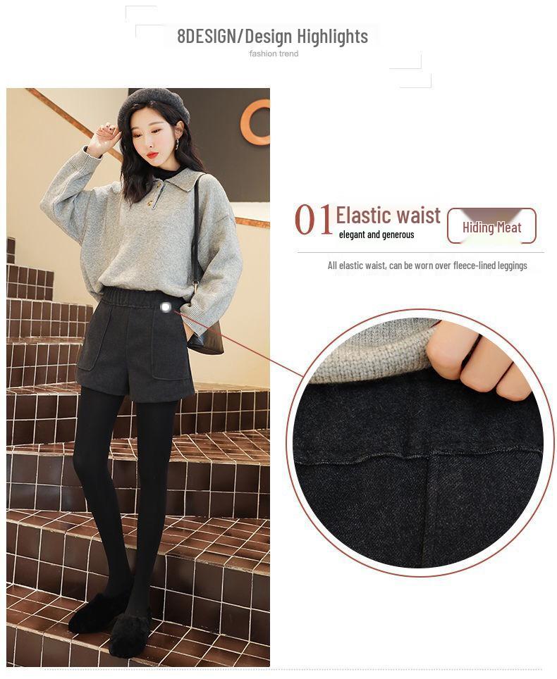Women's High-Waist Wide-Leg Woolen Shorts - Versatile Winter Layering Pants for Plus Size