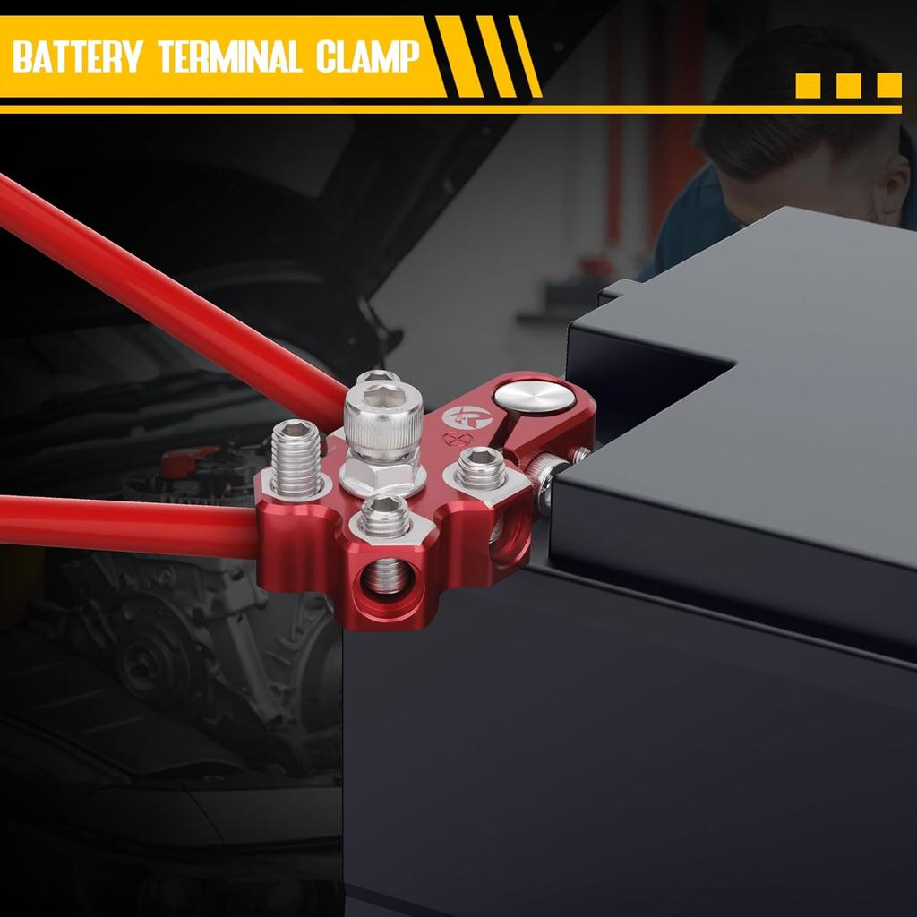 4-Way Lead Acid Battery Terminal Connector Clamps Battery Cable Ends For SAE/DIN/EN Tapered Top Post With 8AWG To 4/0 AWG, Positive & Negative Set,