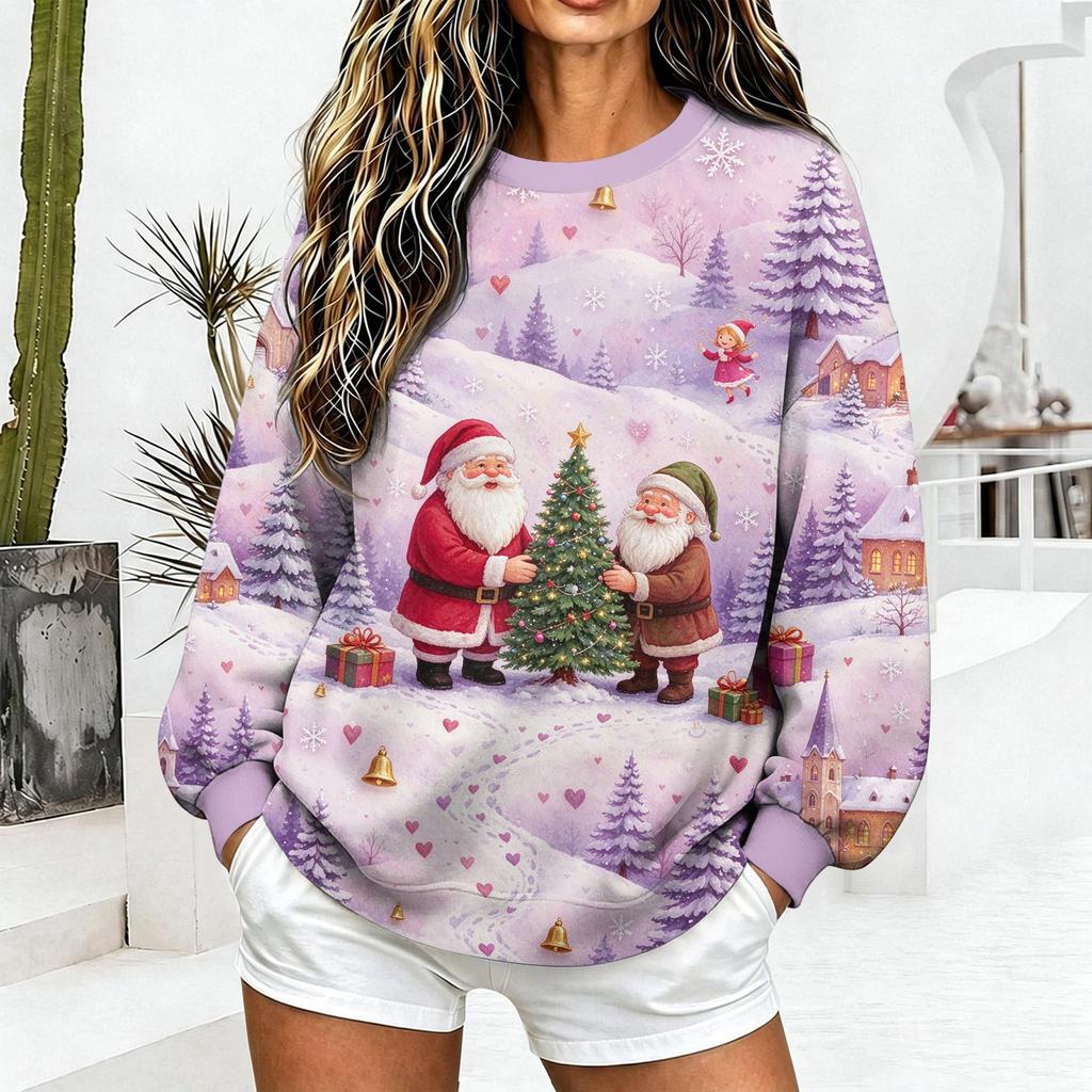 Women's Casual Christmas Print Crewneck Sweatshirt Pullover for Holiday Everyday Wear