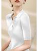 Women Summer Tencel Ribbed Slim Knit Top Thin Puff‑V Polo Collar Short Sleeve Ice Silk Blouse