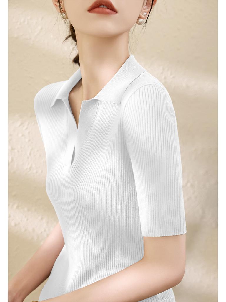 Women Summer Tencel Ribbed Slim Knit Top Thin Puff‑V Polo Collar Short Sleeve Ice Silk Blouse
