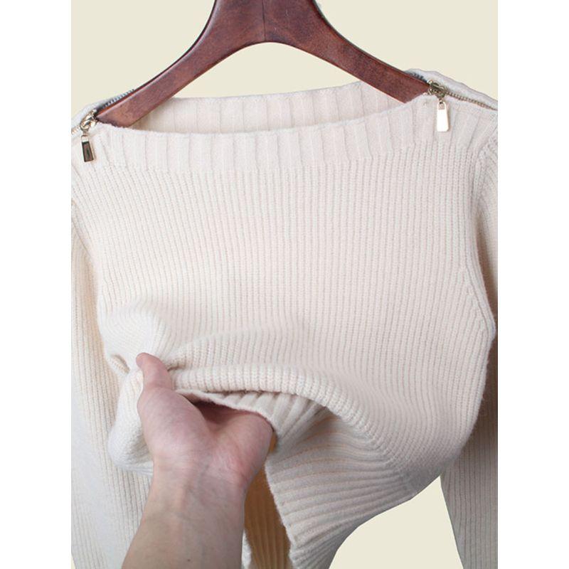 Polish Card off-the-Shoulder Sweater Sweater Fashion Style Export Metal Zipper Waist-Controlled Long Sleeves Autumn and Winter Undershirt
