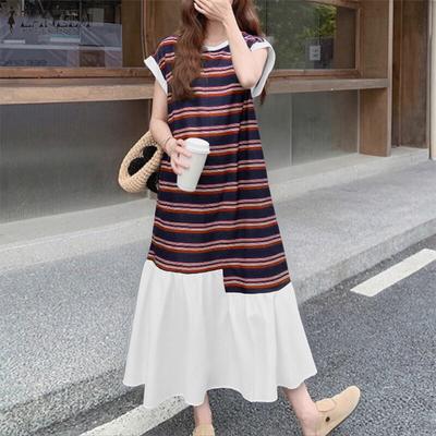 Women Casual Round Neck Summer Short Sleeve Stripe Patchwork Long Dress