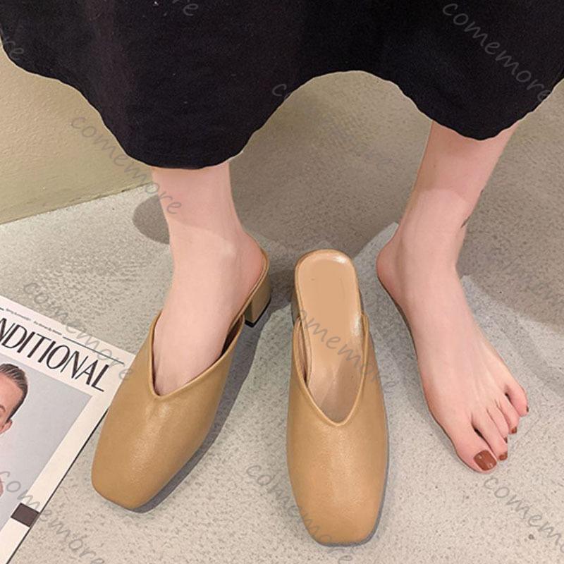 Fashion Comemore Baotou Half Slippers Women Summer New Outer Wear Fashion Solid Color Square Toe Thick Heel High-heeled Women's Shoes
