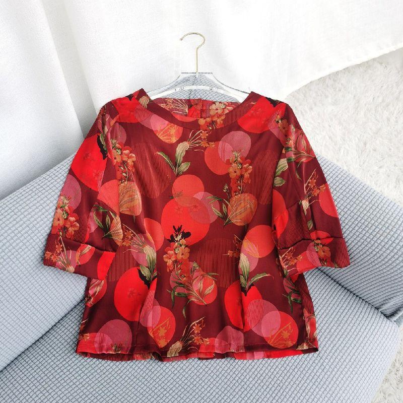 Summer Clothes for Middle-Aged and Elderly Western-Style Moms Small Shirt Half Sleeve Loose T-shirt Grandma's Clothes Women's Top round Neck Print