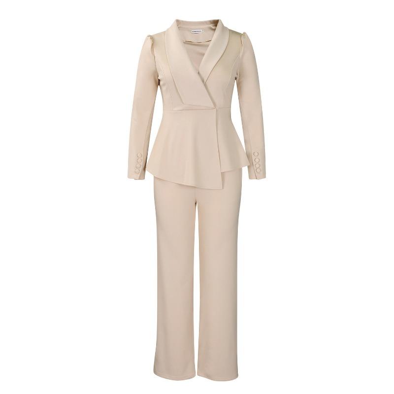 Women Elegant Ruffle Long Sleeve Top Wide Leg Pants Two Piece Set