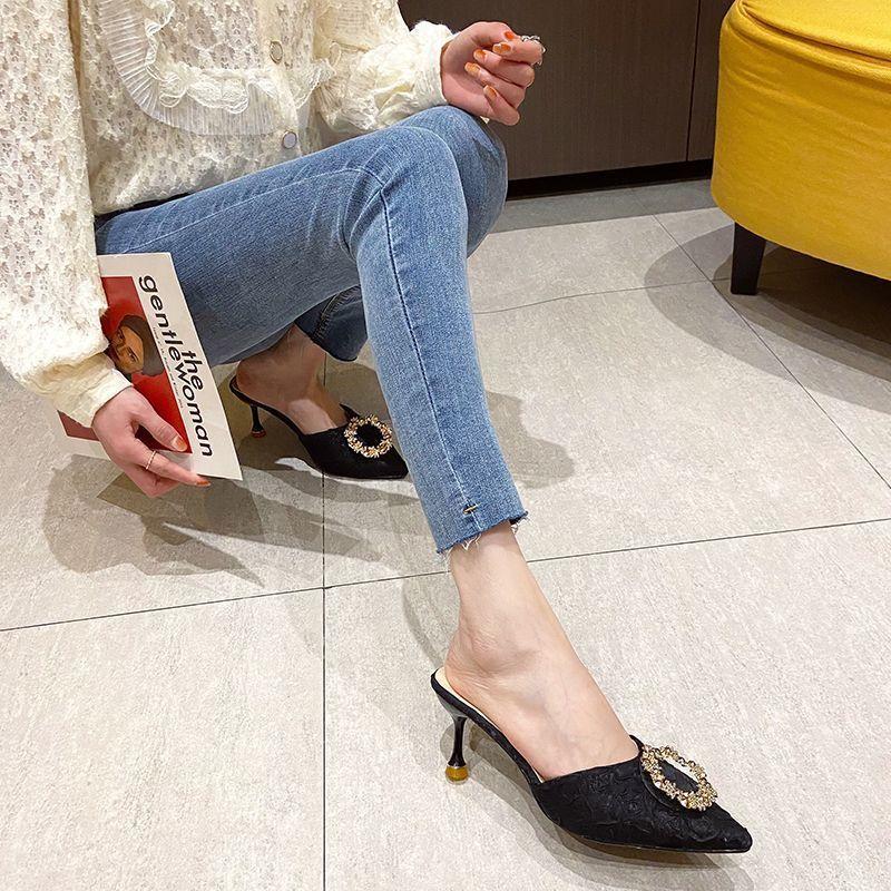 New Chinese temperament lazy fashion pointed rhinestones 2025 summer and autumn new high-heeled slippers thin-heeled bag head slippers