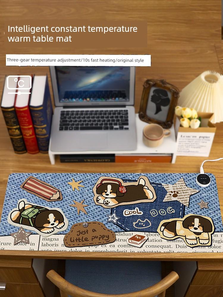 Denim Puppy Mouse Pad Heating Table Mat PVC Constant Temperature Computer Desk Pad Adjustable Heating Warm Learning Homework