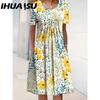 IHUASU 30 Color Pleated Midi Dress Short Sleeve Round Neck Loose Hem Mid-Calf Length Women Floral A-Line Party Dress Casual Wear