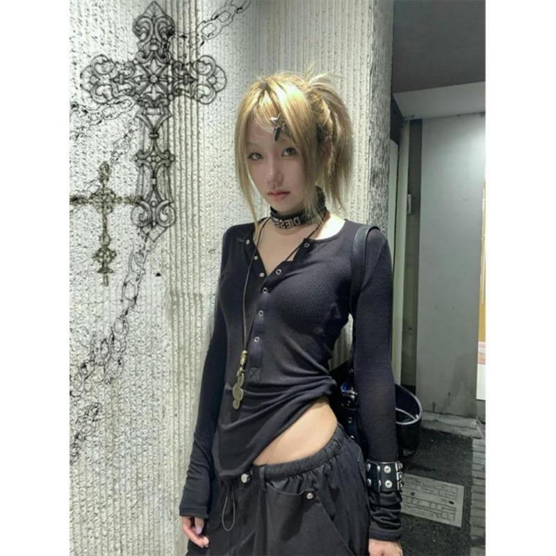 2KWEIRD Y2k Japanese T Shirt Women Lace Long Sleeve Print Graphic Tops Streetwear American Retro 90s Crop Tops