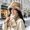Warm Windproof Headwear Women Spotted Deer Hat Faux Fur Bucket Hat Winter Scarf Cute Print Soft Cozy Furry Fisherman for Girls Autumn Accessory