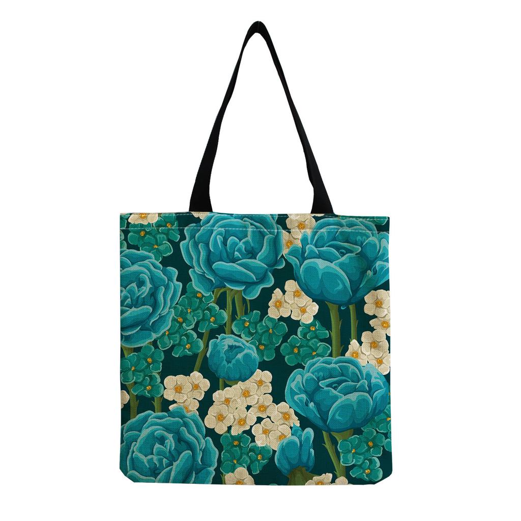 Women Vintage Linen Tote Bag - Large Capacity Flower Print Shoulder Handbag for Casual & Grocery Shopping KTB